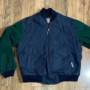 Vintage Mo Betta  Men's Denim and Green Bomber Jacket. Made in USA Sz L